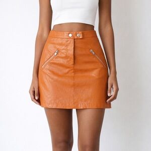 Shinestar Burnt Orange Faux Leather Mini Skirt Zip Pocket Moto M